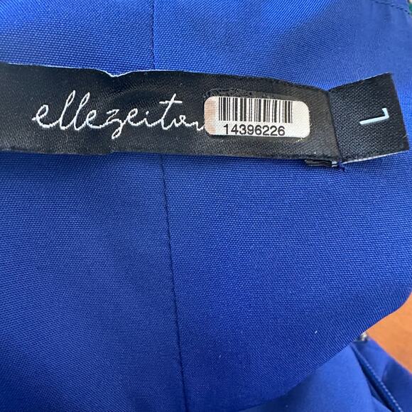 Elle Zeitoune Blue One Shoulder Structured Gown LARGE Formal Slit Designer $410 - Picture 9 of 12